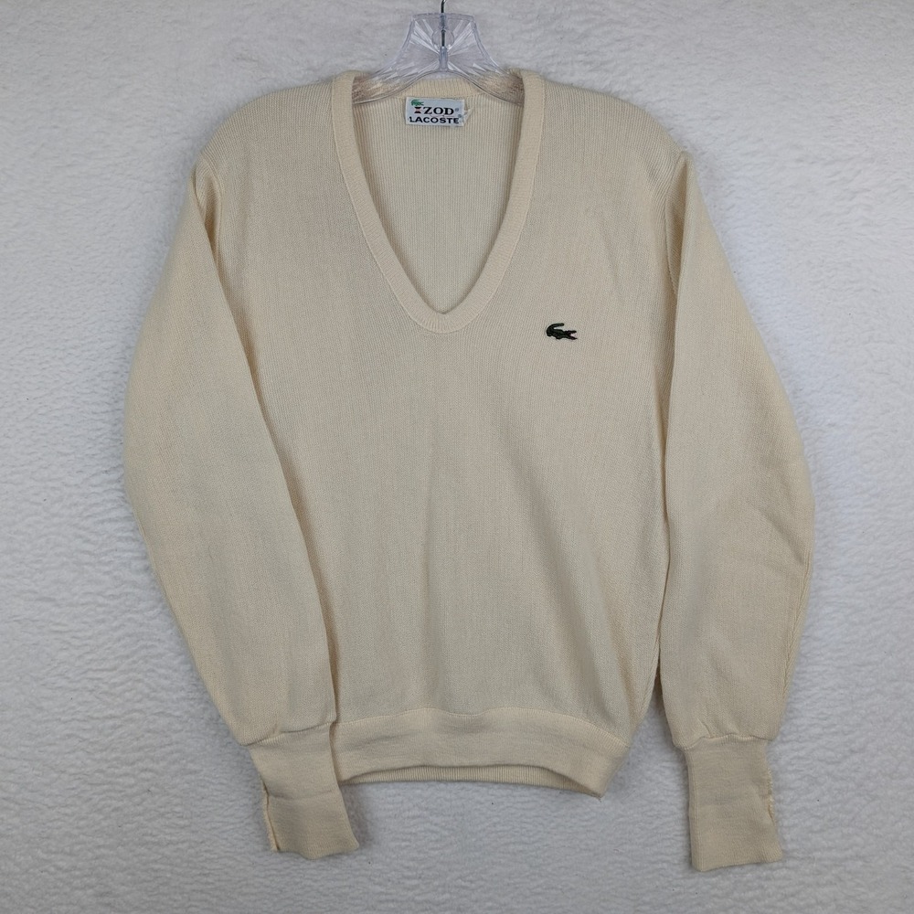 Vintage 80s IZOD Lacoste Cream V-Neck Sweater Size Small Acrylic